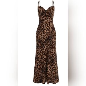 Animal Leopard Print Spaghetti Strap Draped Collar Maxi Cami Long Dress Strings